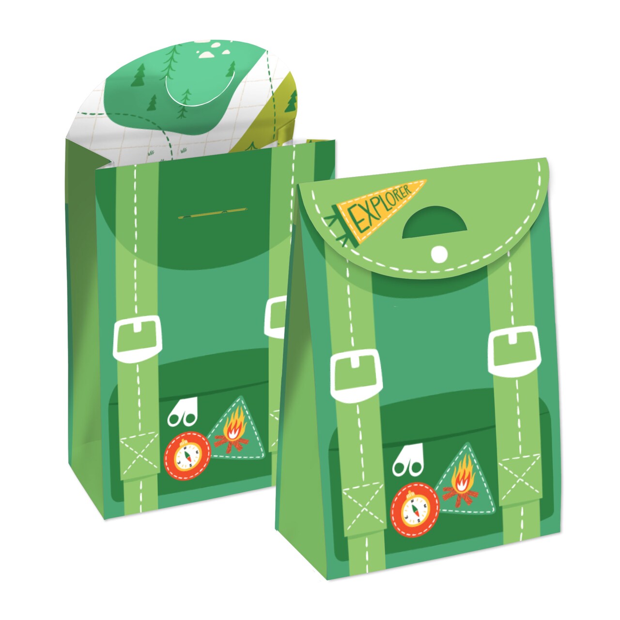 Big Dot of Happiness Camping Favor Boxes, Take-Home Explorer Backpack-Shaped Boxes for Kids Birthday, Happy Camper Party Goodie Gift Bags - Set of 12